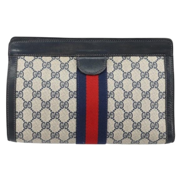 GUCCI GG Supreme Sherry Line Clutch Bag PVC Navy Red Auth 144387 - Picture 3 of 16